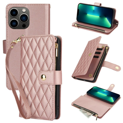 YM016 Rhombic Zipper Card Wallet Leather Phone Case with Lanyard, For iPhone 13 Pro Max, For iPhone 13 Pro, For iPhone 13