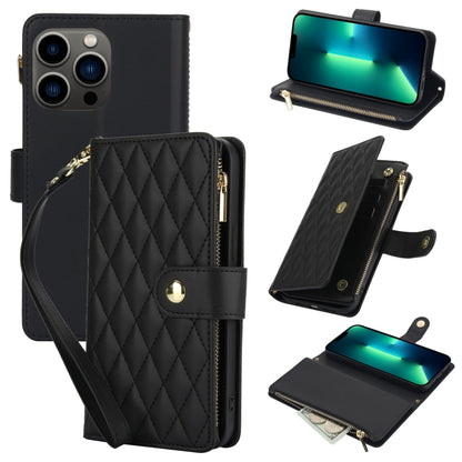 YM016 Rhombic Zipper Card Wallet Leather Phone Case with Lanyard, For iPhone 13 Pro Max, For iPhone 13 Pro, For iPhone 13