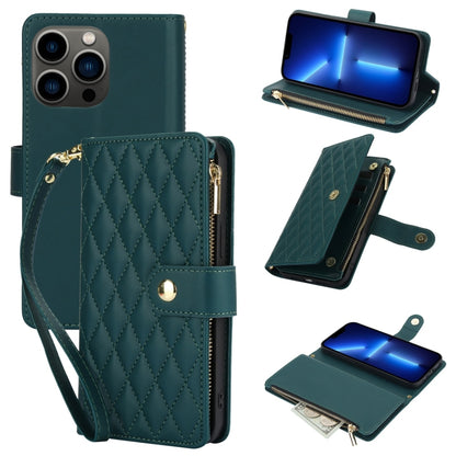 YM016 Rhombic Zipper Card Wallet Leather Phone Case with Lanyard, For iPhone 13 Pro Max, For iPhone 13 Pro, For iPhone 13