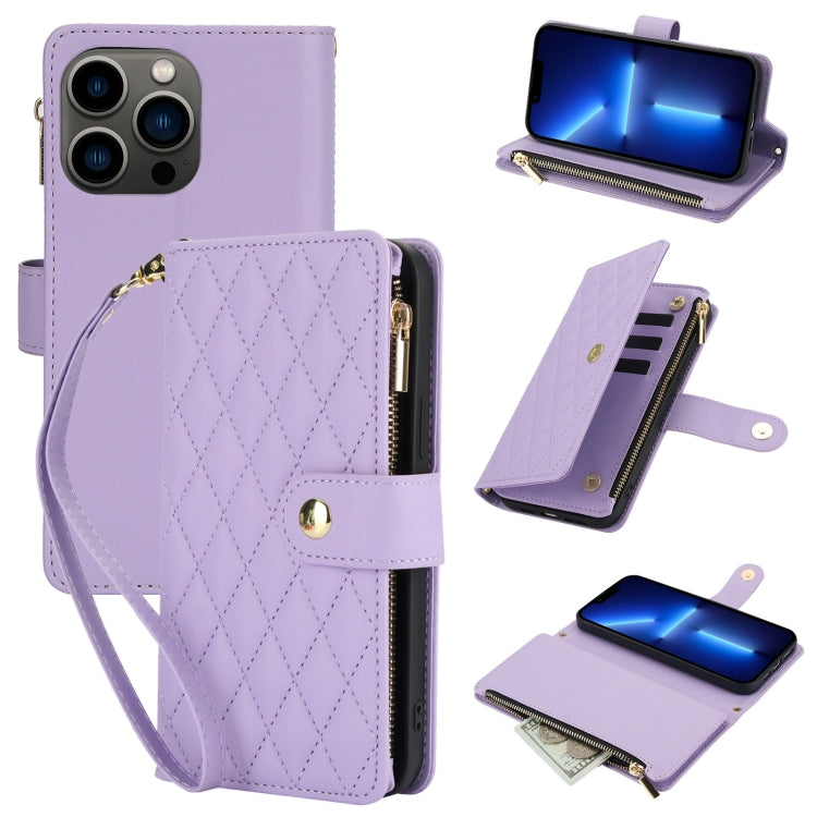 YM016 Rhombic Zipper Card Wallet Leather Phone Case with Lanyard, For iPhone 13 Pro Max, For iPhone 13 Pro, For iPhone 13