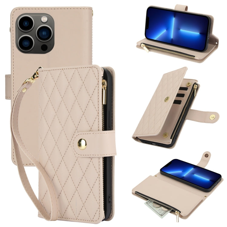 YM016 Rhombic Zipper Card Wallet Leather Phone Case with Lanyard, For iPhone 13 Pro Max, For iPhone 13 Pro, For iPhone 13