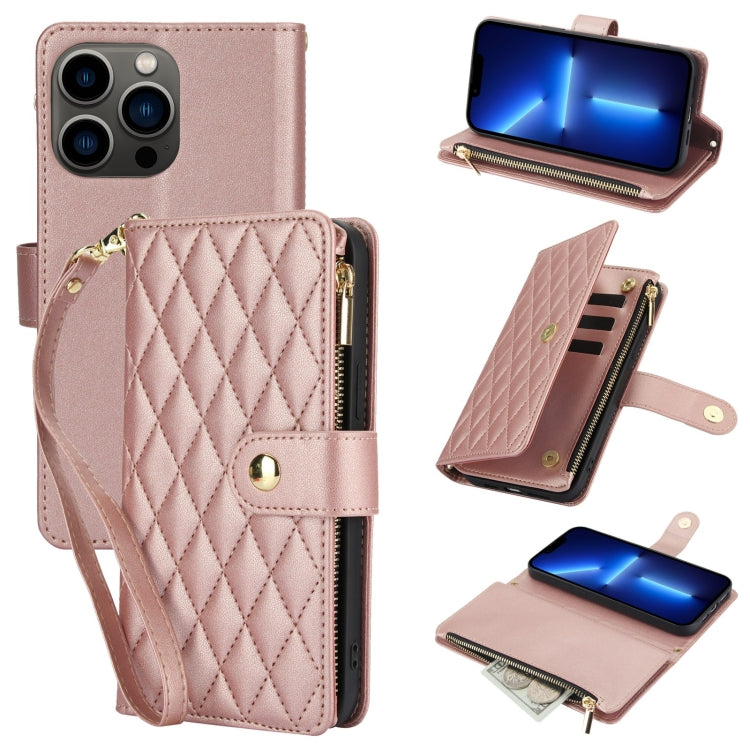 YM016 Rhombic Zipper Card Wallet Leather Phone Case with Lanyard, For iPhone 13 Pro Max, For iPhone 13 Pro, For iPhone 13