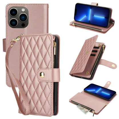 YM016 Rhombic Zipper Card Wallet Leather Phone Case with Lanyard, For iPhone 13 Pro Max, For iPhone 13 Pro, For iPhone 13