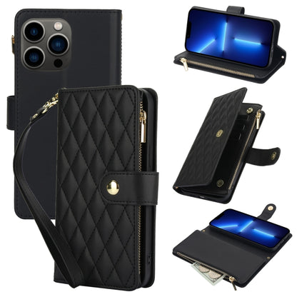 YM016 Rhombic Zipper Card Wallet Leather Phone Case with Lanyard, For iPhone 13 Pro Max, For iPhone 13 Pro, For iPhone 13