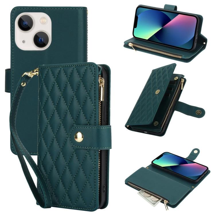 YM016 Rhombic Zipper Card Wallet Leather Phone Case with Lanyard, For iPhone 13 mini, For iPhone 12 / 12 Pro, For iPhone 12 Pro Max