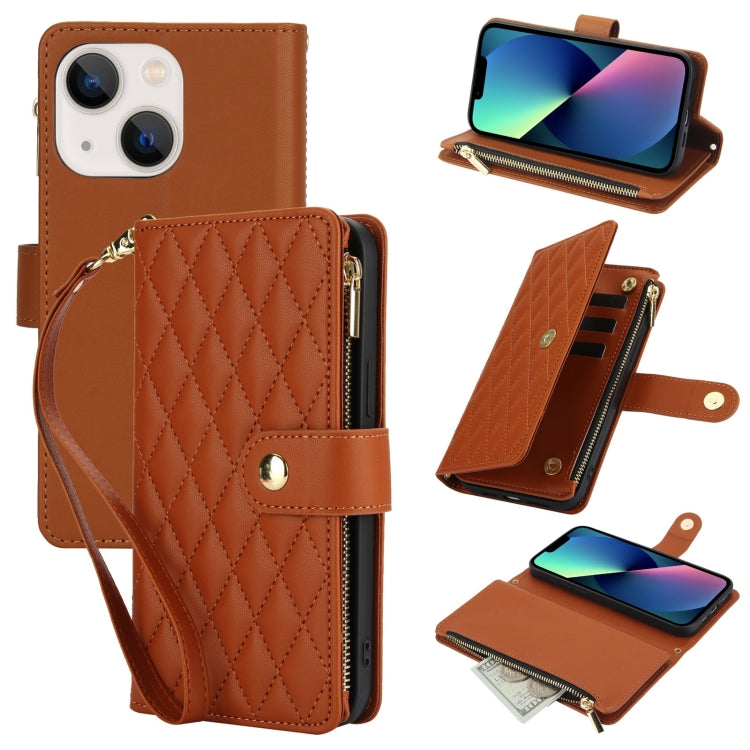 YM016 Rhombic Zipper Card Wallet Leather Phone Case with Lanyard, For iPhone 13 mini, For iPhone 12 / 12 Pro, For iPhone 12 Pro Max