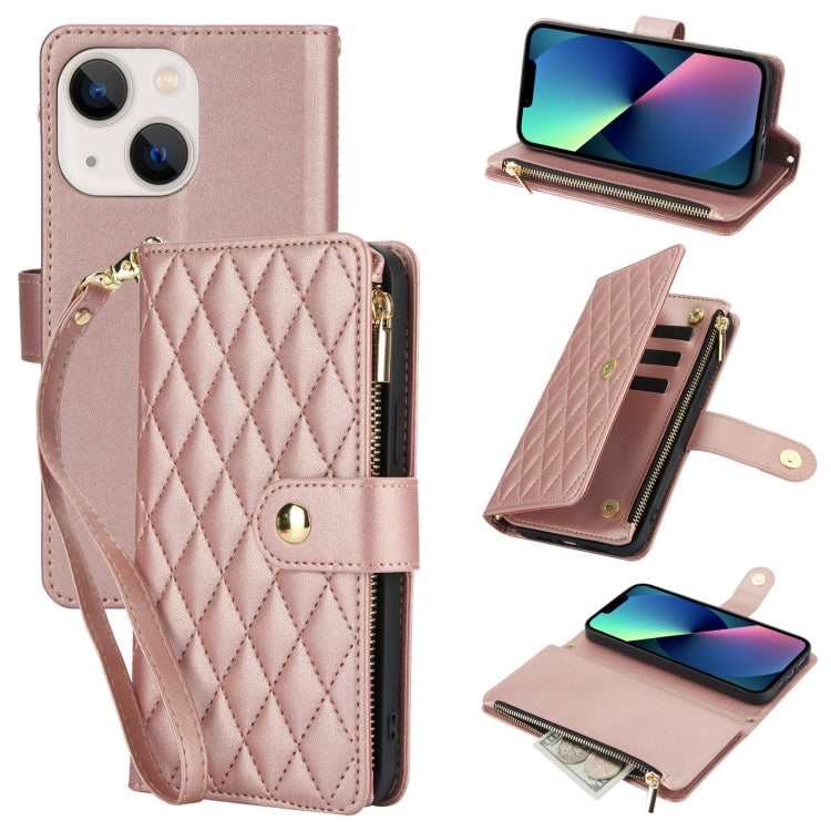 YM016 Rhombic Zipper Card Wallet Leather Phone Case with Lanyard, For iPhone 13 mini, For iPhone 12 / 12 Pro, For iPhone 12 Pro Max