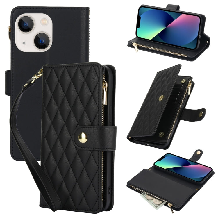 YM016 Rhombic Zipper Card Wallet Leather Phone Case with Lanyard, For iPhone 13 mini, For iPhone 12 / 12 Pro, For iPhone 12 Pro Max