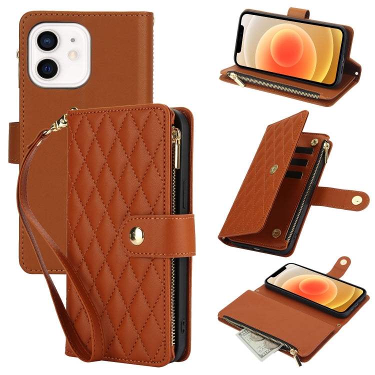YM016 Rhombic Zipper Card Wallet Leather Phone Case with Lanyard, For iPhone 13 mini, For iPhone 12 / 12 Pro, For iPhone 12 Pro Max