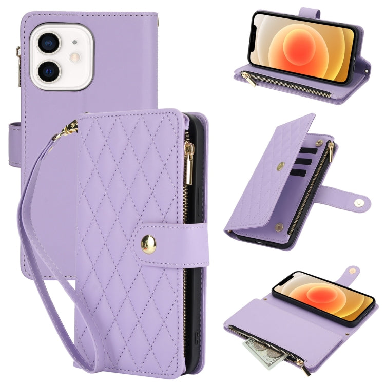 YM016 Rhombic Zipper Card Wallet Leather Phone Case with Lanyard, For iPhone 13 mini, For iPhone 12 / 12 Pro, For iPhone 12 Pro Max