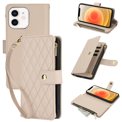YM016 Rhombic Zipper Card Wallet Leather Phone Case with Lanyard, For iPhone 13 mini, For iPhone 12 / 12 Pro, For iPhone 12 Pro Max