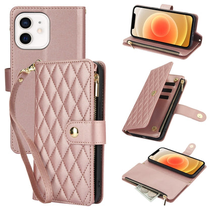 YM016 Rhombic Zipper Card Wallet Leather Phone Case with Lanyard, For iPhone 13 mini, For iPhone 12 / 12 Pro, For iPhone 12 Pro Max