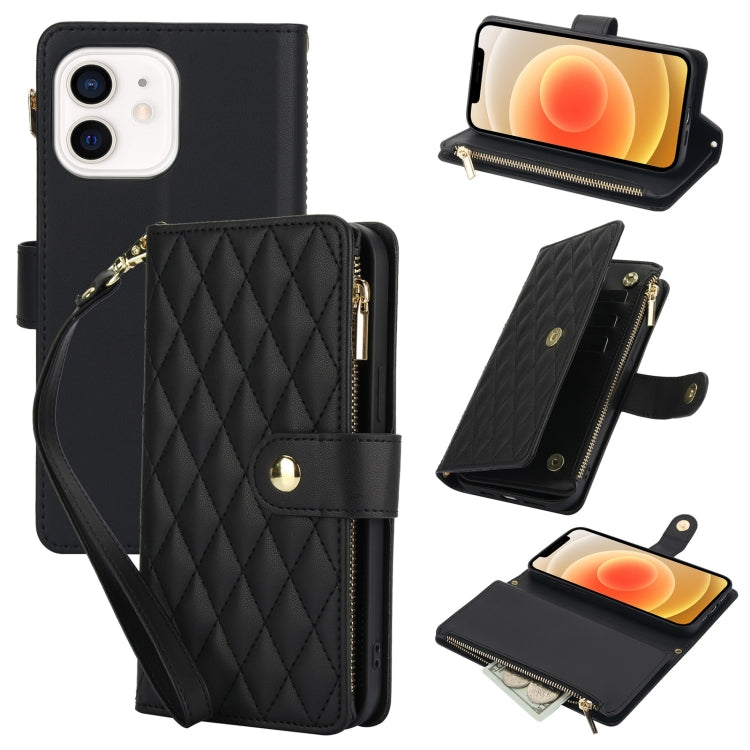 YM016 Rhombic Zipper Card Wallet Leather Phone Case with Lanyard, For iPhone 13 mini, For iPhone 12 / 12 Pro, For iPhone 12 Pro Max