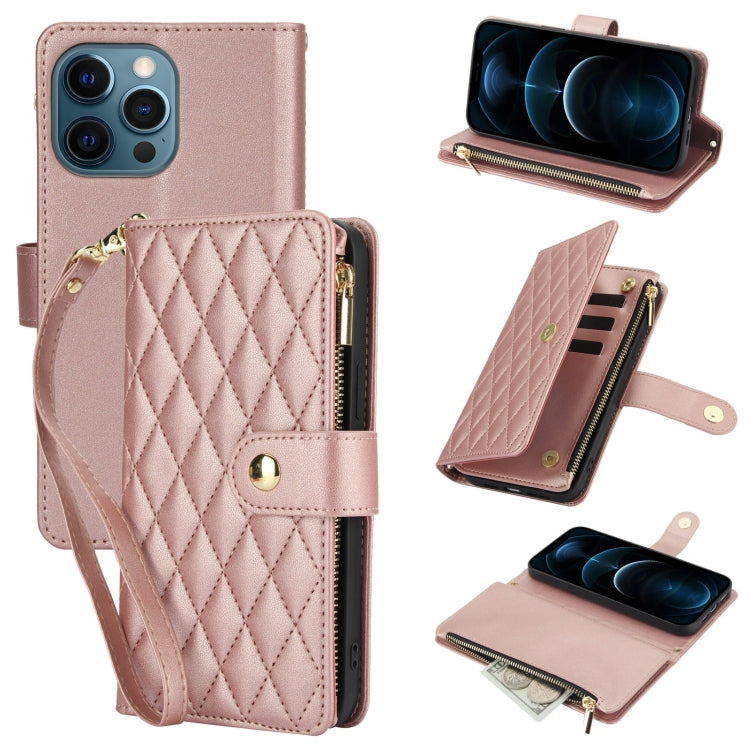 YM016 Rhombic Zipper Card Wallet Leather Phone Case with Lanyard, For iPhone 13 mini, For iPhone 12 / 12 Pro, For iPhone 12 Pro Max