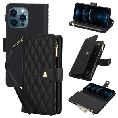 YM016 Rhombic Zipper Card Wallet Leather Phone Case with Lanyard, For iPhone 13 mini, For iPhone 12 / 12 Pro, For iPhone 12 Pro Max
