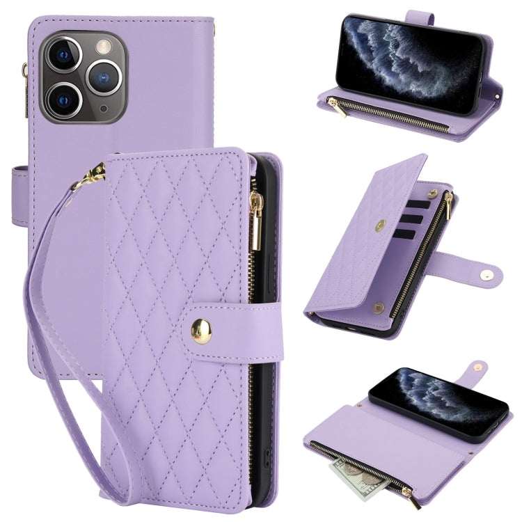 YM016 Rhombic Zipper Card Wallet Leather Phone Case with Lanyard, For iPhone 11 Pro, For iPhone X / XS, For iPhone XR