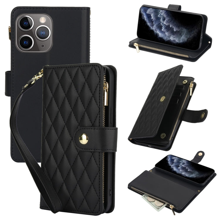 YM016 Rhombic Zipper Card Wallet Leather Phone Case with Lanyard, For iPhone 11 Pro, For iPhone X / XS, For iPhone XR