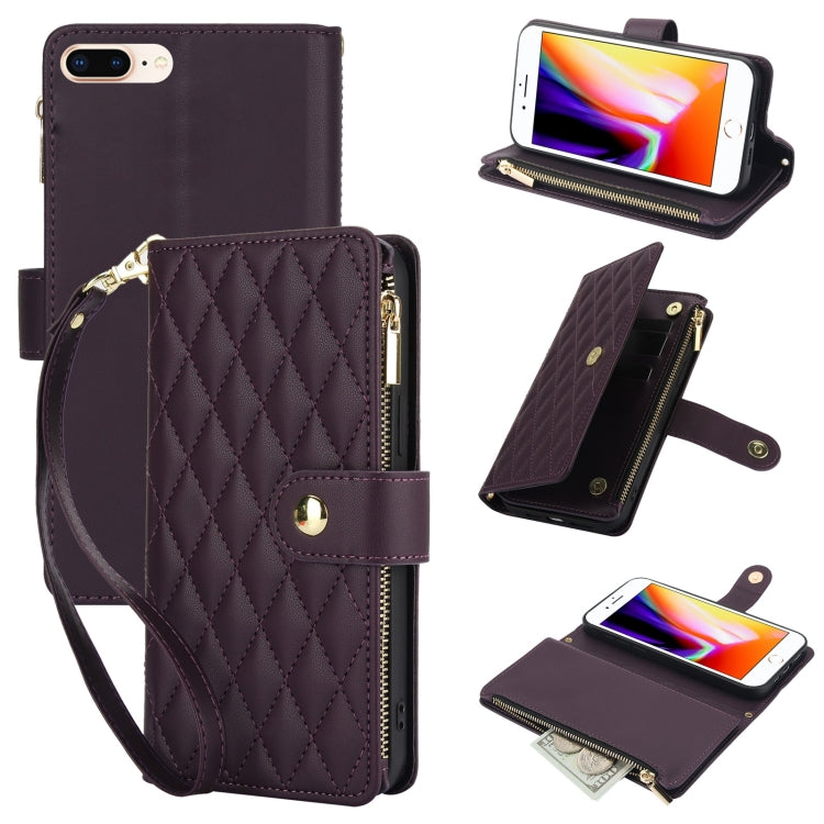 YM016 Rhombic Zipper Card Wallet Leather Phone Case with Lanyard, For iPhone XS Max, For iPhone 8 Plus / 7 Plus