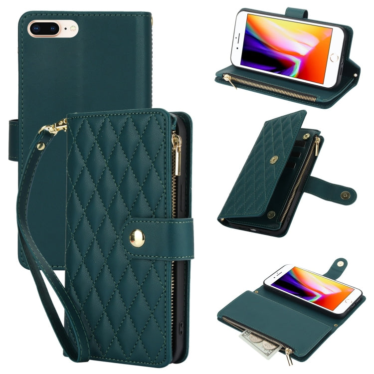 YM016 Rhombic Zipper Card Wallet Leather Phone Case with Lanyard, For iPhone XS Max, For iPhone 8 Plus / 7 Plus
