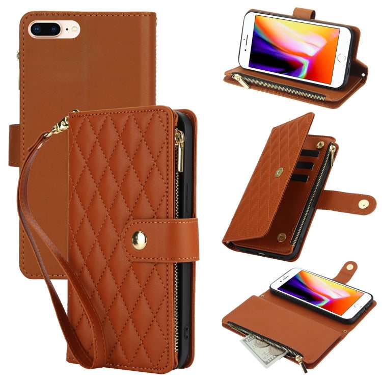 YM016 Rhombic Zipper Card Wallet Leather Phone Case with Lanyard, For iPhone XS Max, For iPhone 8 Plus / 7 Plus