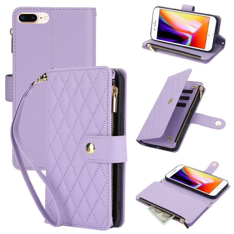 YM016 Rhombic Zipper Card Wallet Leather Phone Case with Lanyard, For iPhone XS Max, For iPhone 8 Plus / 7 Plus