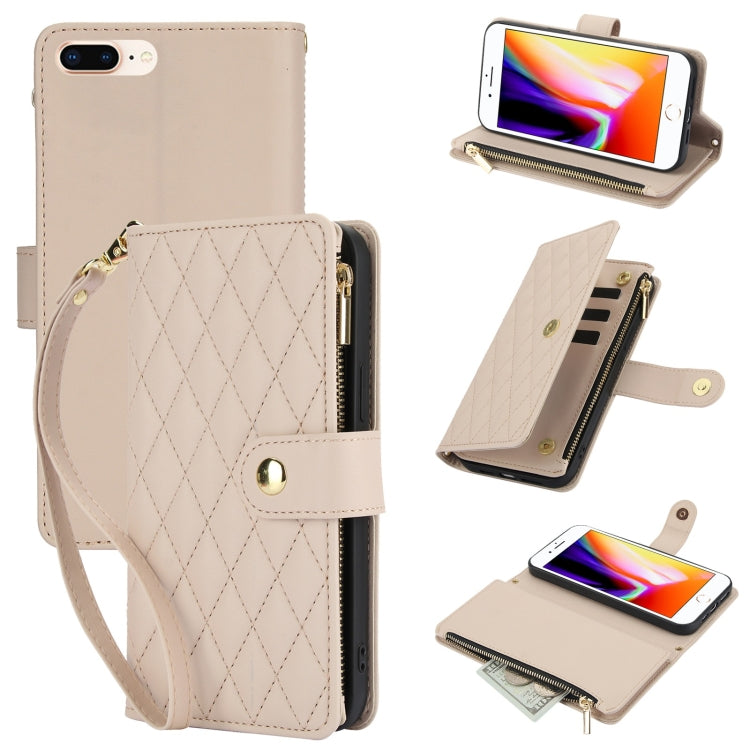 YM016 Rhombic Zipper Card Wallet Leather Phone Case with Lanyard, For iPhone XS Max, For iPhone 8 Plus / 7 Plus