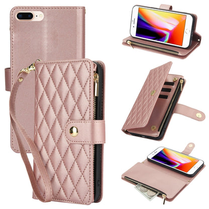 YM016 Rhombic Zipper Card Wallet Leather Phone Case with Lanyard, For iPhone XS Max, For iPhone 8 Plus / 7 Plus