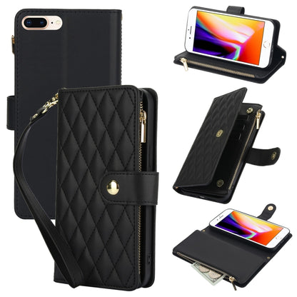 YM016 Rhombic Zipper Card Wallet Leather Phone Case with Lanyard, For iPhone XS Max, For iPhone 8 Plus / 7 Plus