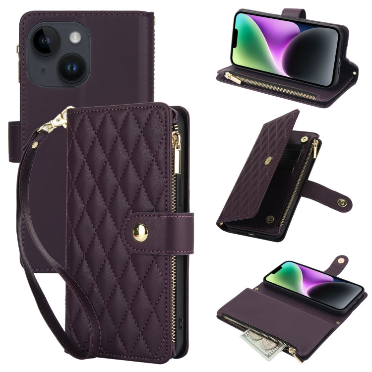 YM016 Rhombic Zipper Card Wallet Leather Phone Case with Lanyard, For iPhone 13 Pro Max, For iPhone 13 Pro, For iPhone 13