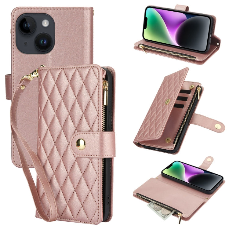YM016 Rhombic Zipper Card Wallet Leather Phone Case with Lanyard, For iPhone 13 Pro Max, For iPhone 13 Pro, For iPhone 13