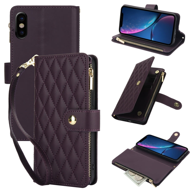 YM016 Rhombic Zipper Card Wallet Leather Phone Case with Lanyard, For iPhone 11 Pro, For iPhone X / XS, For iPhone XR