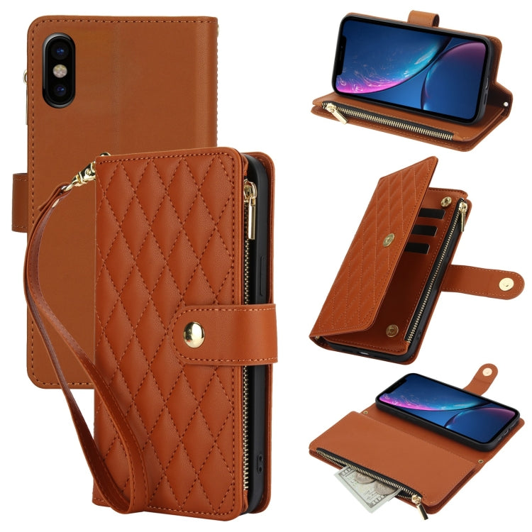 YM016 Rhombic Zipper Card Wallet Leather Phone Case with Lanyard, For iPhone 11 Pro, For iPhone X / XS, For iPhone XR