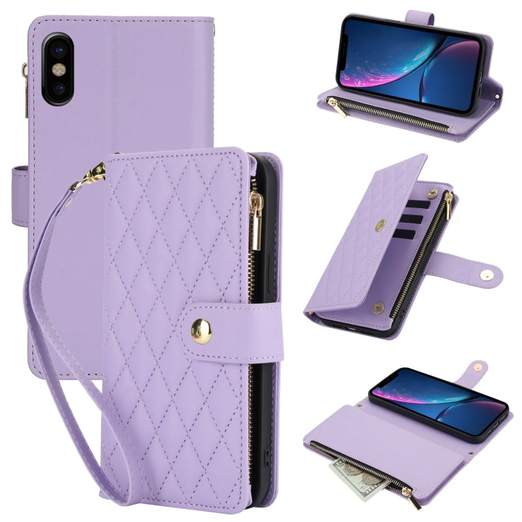 YM016 Rhombic Zipper Card Wallet Leather Phone Case with Lanyard, For iPhone 11 Pro, For iPhone X / XS, For iPhone XR