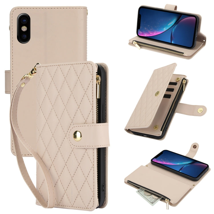 YM016 Rhombic Zipper Card Wallet Leather Phone Case with Lanyard, For iPhone 11 Pro, For iPhone X / XS, For iPhone XR