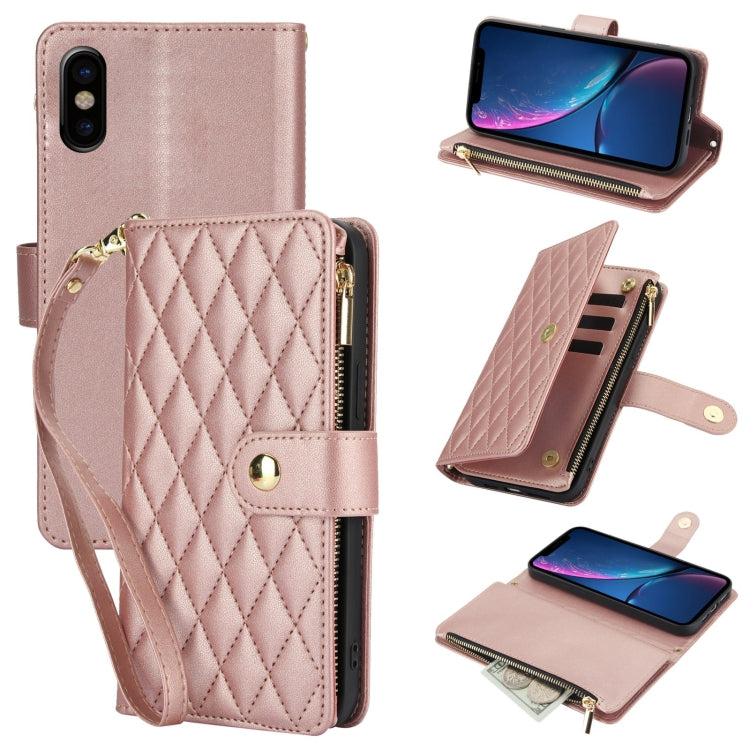 YM016 Rhombic Zipper Card Wallet Leather Phone Case with Lanyard, For iPhone 11 Pro, For iPhone X / XS, For iPhone XR