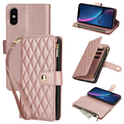YM016 Rhombic Zipper Card Wallet Leather Phone Case with Lanyard, For iPhone 11 Pro, For iPhone X / XS, For iPhone XR
