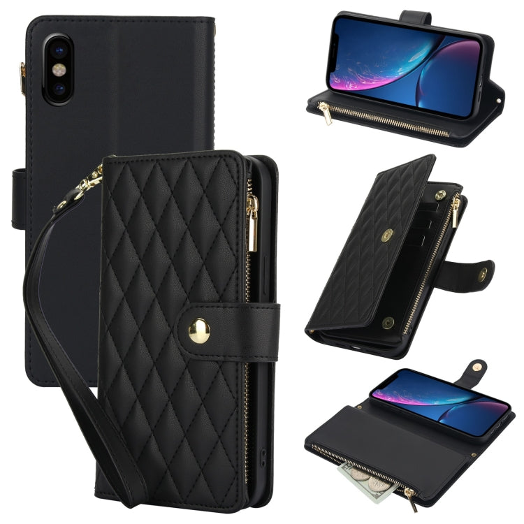 YM016 Rhombic Zipper Card Wallet Leather Phone Case with Lanyard, For iPhone 11 Pro, For iPhone X / XS, For iPhone XR