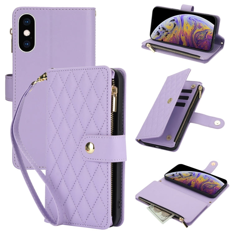 YM016 Rhombic Zipper Card Wallet Leather Phone Case with Lanyard, For iPhone XS Max, For iPhone 8 Plus / 7 Plus