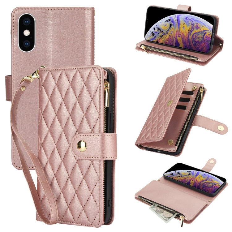 YM016 Rhombic Zipper Card Wallet Leather Phone Case with Lanyard, For iPhone XS Max, For iPhone 8 Plus / 7 Plus