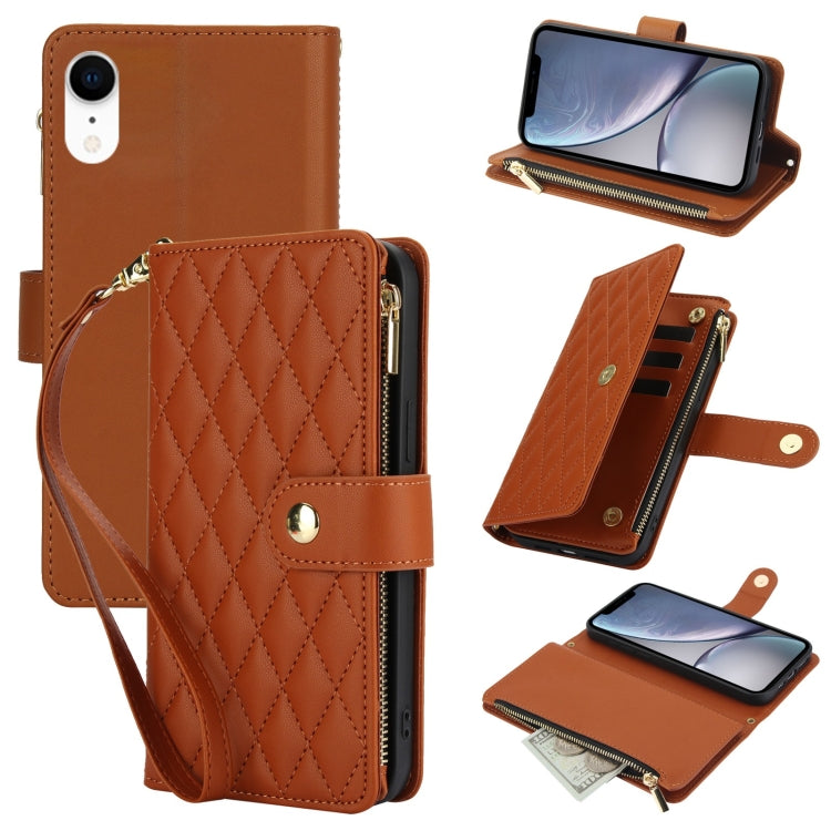YM016 Rhombic Zipper Card Wallet Leather Phone Case with Lanyard, For iPhone 11 Pro, For iPhone X / XS, For iPhone XR