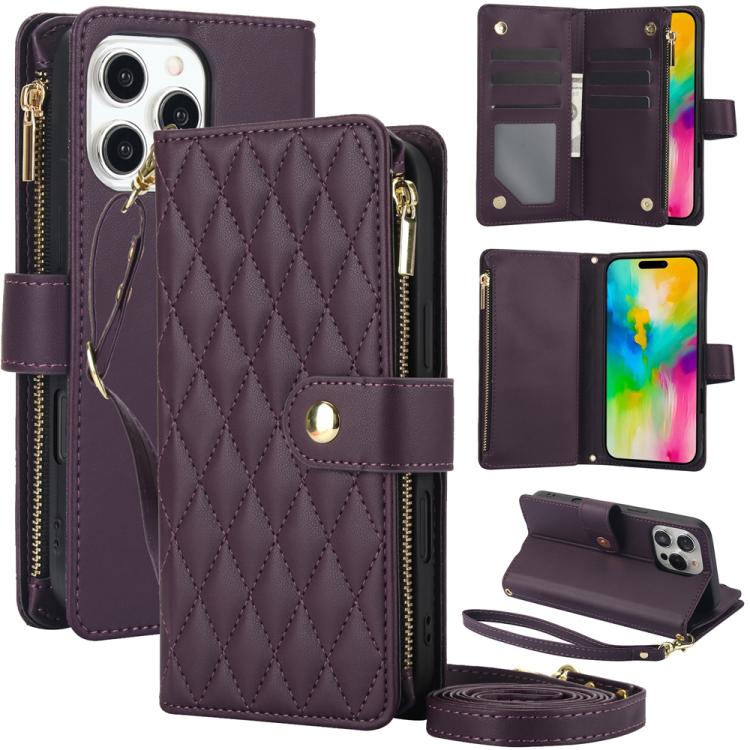 YM016 Rhombic Zipper Card Wallet Leather Phone Case with Lanyard, For iPhone 17, For iPhone Air, For iPhone 16 Pro Max