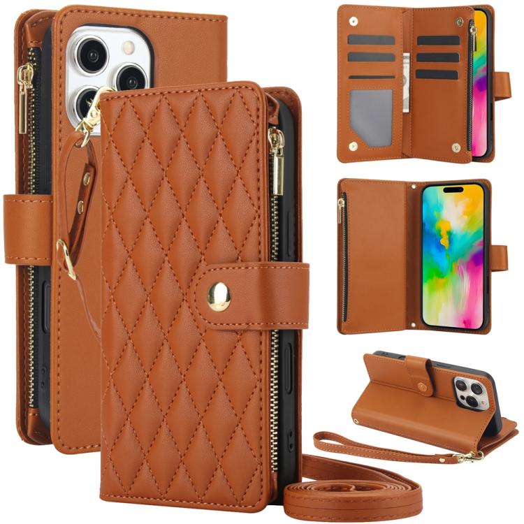 YM016 Rhombic Zipper Card Wallet Leather Phone Case with Lanyard, For iPhone Air, For iPhone 16e, For iPhone 16 Pro Max