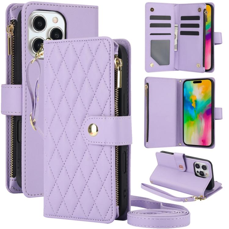 YM016 Rhombic Zipper Card Wallet Leather Phone Case with Lanyard, For iPhone Air, For iPhone 16e, For iPhone 16 Pro Max
