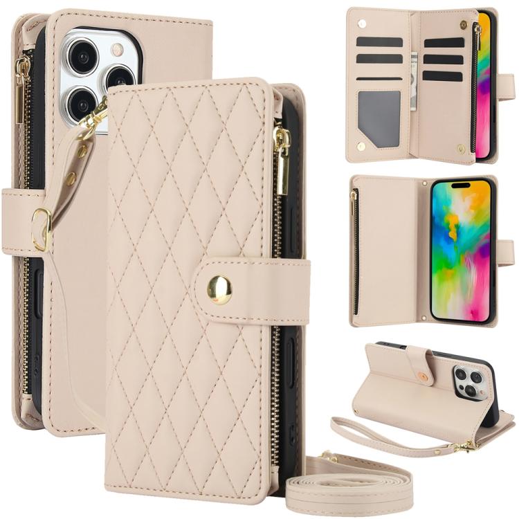 YM016 Rhombic Zipper Card Wallet Leather Phone Case with Lanyard, For iPhone Air, For iPhone 16e, For iPhone 16 Pro Max