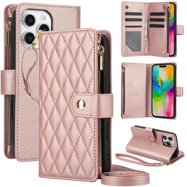 YM016 Rhombic Zipper Card Wallet Leather Phone Case with Lanyard, For iPhone Air, For iPhone 16e, For iPhone 16 Pro Max