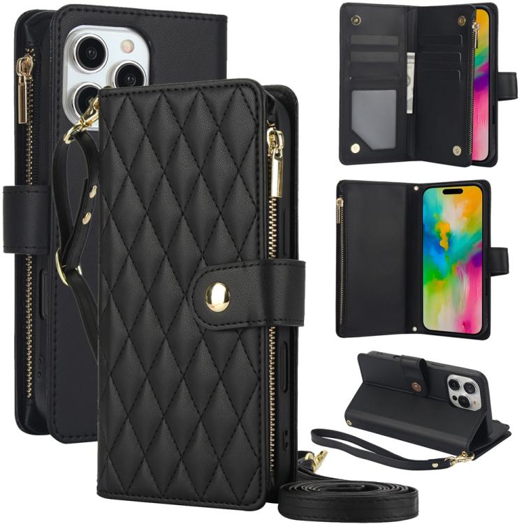 YM016 Rhombic Zipper Card Wallet Leather Phone Case with Lanyard, For iPhone Air, For iPhone 16e, For iPhone 16 Pro Max