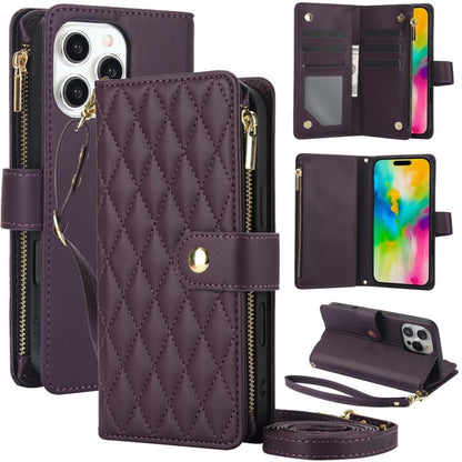 YM016 Rhombic Zipper Card Wallet Leather Phone Case with Lanyard, For iPhone 16 Pro, For iPhone 16 Plus, For iPhone 16