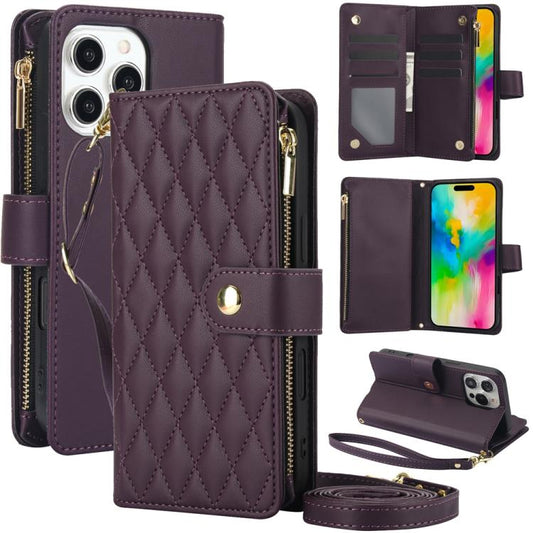 YM016 Rhombic Zipper Card Wallet Leather Phone Case with Lanyard, For iPhone 16 Pro, For iPhone 16 Plus, For iPhone 16