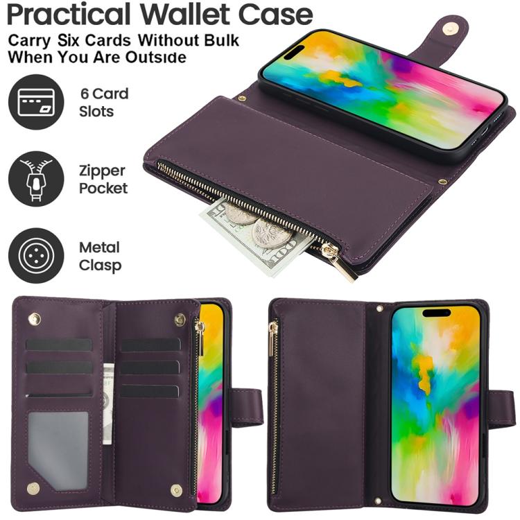 YM016 Rhombic Zipper Card Wallet Leather Phone Case with Lanyard, For iPhone 16 Pro, For iPhone 16 Plus, For iPhone 16