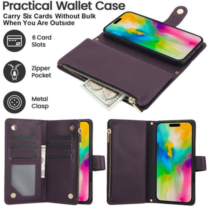YM016 Rhombic Zipper Card Wallet Leather Phone Case with Lanyard, For iPhone 16 Pro, For iPhone 16 Plus, For iPhone 16